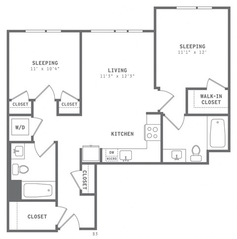 Floor plan for 2 beds, 2 baths, 909 sqft